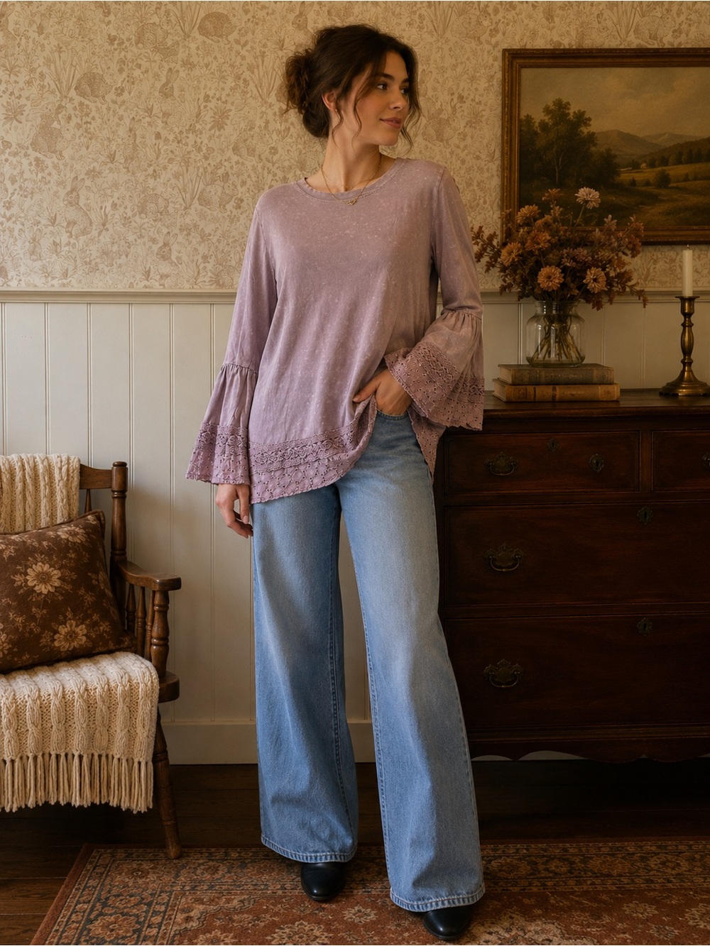 Altar'd State Lavender Bell-Sleeve Top with Light Blue Wide-Leg Jeans